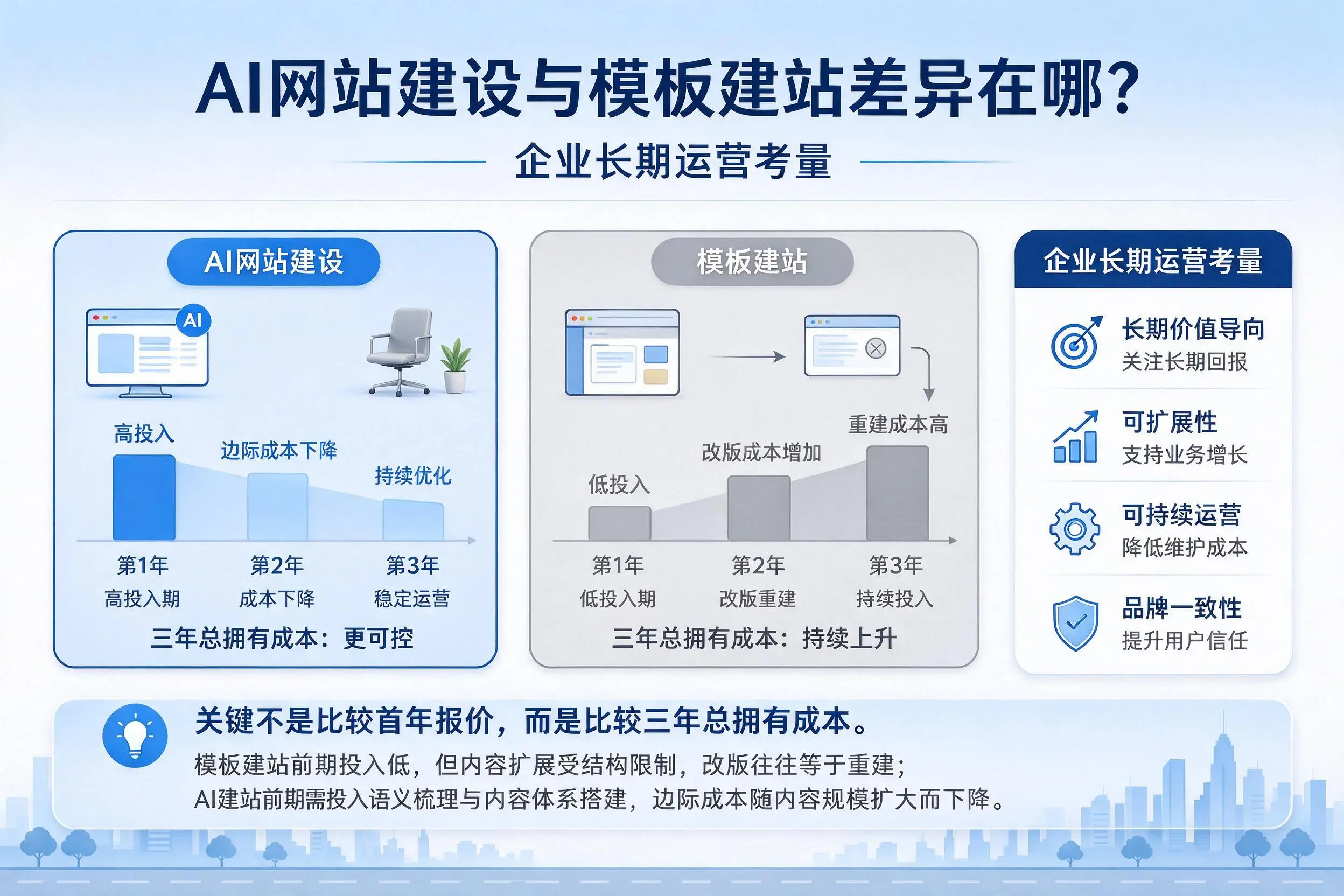 AI网站建设与模板建站差异在哪？抚顺企业长期运营考量